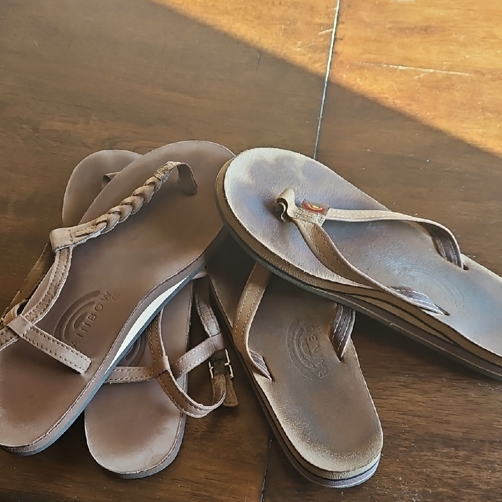 Rainbow Brown Leather Braided and T-strap Sandals